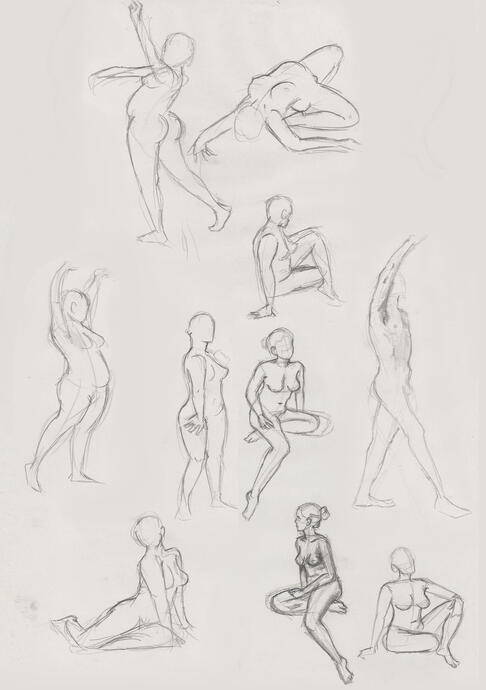 Modèles vivants (Poses de 2-5 minutes sur papier journal avec crayon HB).