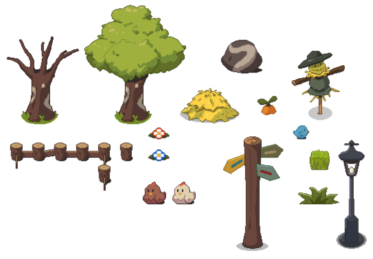 Concept d'éléments pour un test de maquette fait sur Aseprite pour un jeu de simulation de ferme.