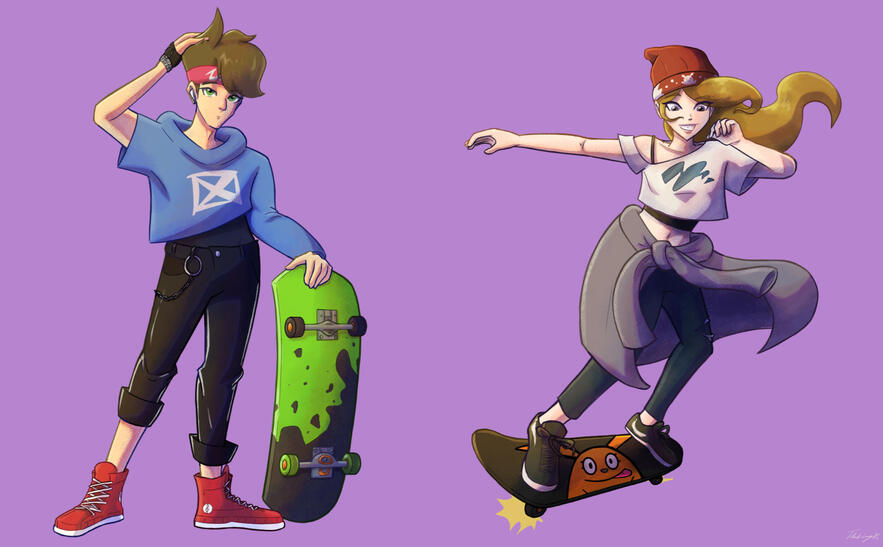 Mes personnages originaux en tenue de &quot;skateboarding&quot;.