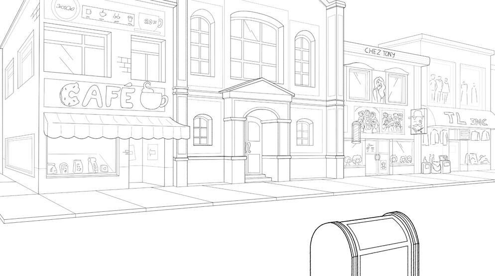 "La rue". Clean-up d'une version passée de ma maquette pour mon court-métrage étudiant animé.