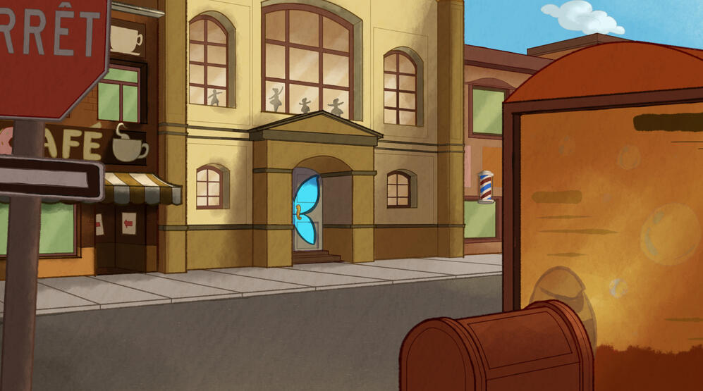 Maquette de &quot;Morpho Bleu&quot;. Premier décor de mon court-métrage étudiant animé (Lineart sur Harmony Toon Boom et couleurs sur Photoshop).