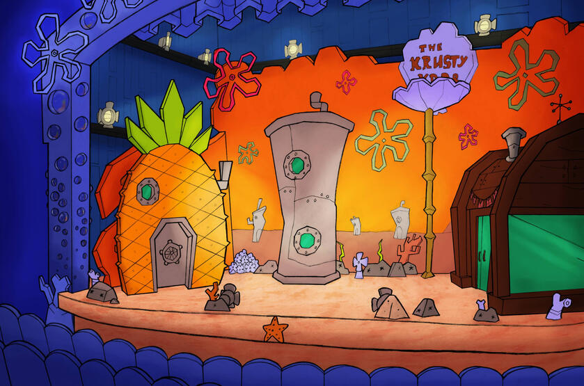 "Bob l'éponge: La comédie musicale" Exercice de scène en UPA basé sur un thème pour un cours. (Lineart traditionnel/Couleurs sur Photoshop)